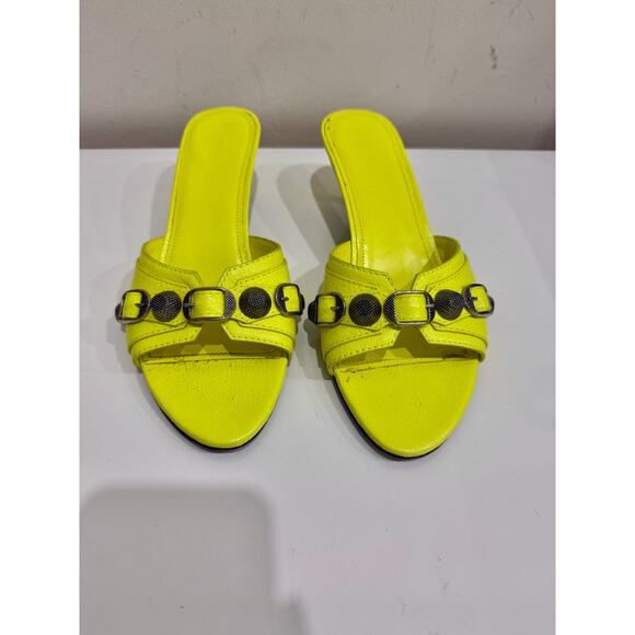 Balenciaga Cagole Studded Buckle Leather Slip On Mules Neon Yellow Women EU 37.5 - Picture 2 of 7